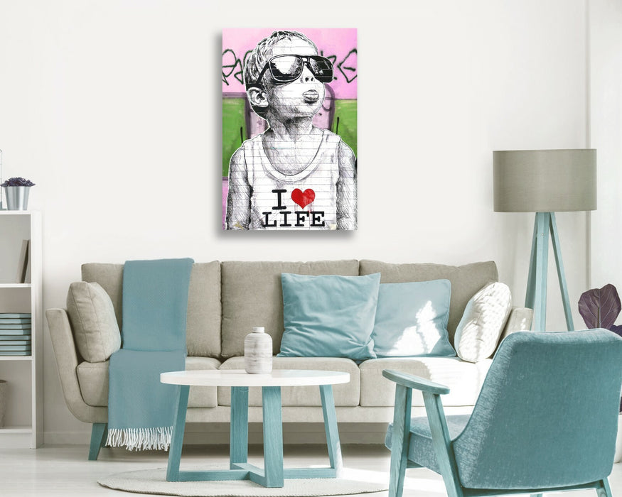 BANKSY I LOVE LIFE BOY CANVAS STREET WALL ART PRINT ARTWORK PINK GREEN