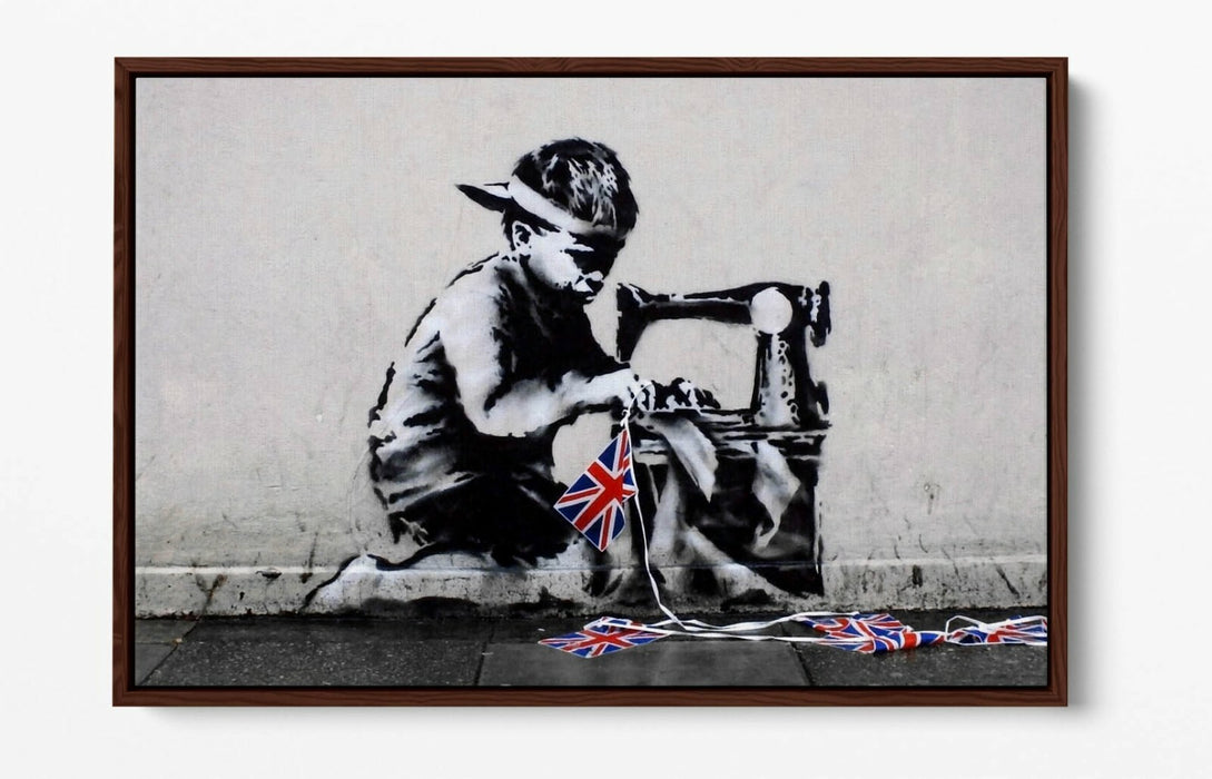 BANKSY SLAVE LABOUR -FLOAT EFFECT CANVAS WALL ART PIC PRINT- BLACK & WHITE