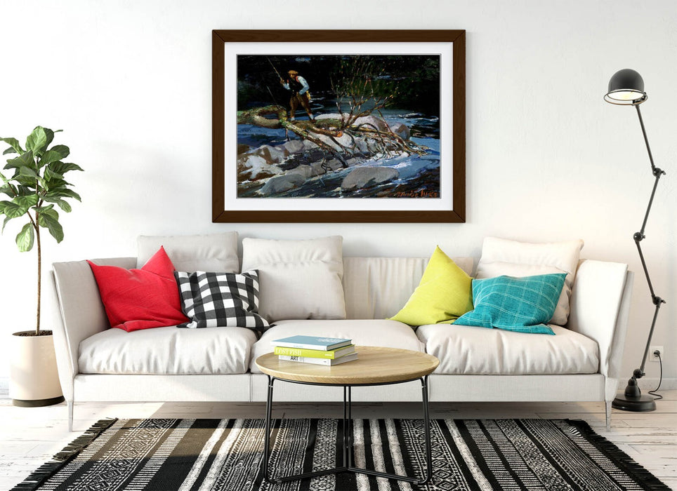 Framed Wall Art Poster - George Benjamin Luks Trout Fishing Print With Woodgrain Frame