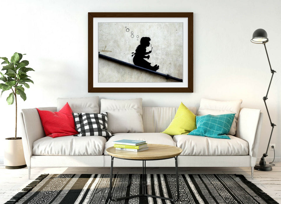 BANKSY GIRL SLIDE -ART FRAMED POSTER PICTURE PRINT ARTWORK- BLACK & WHITE
