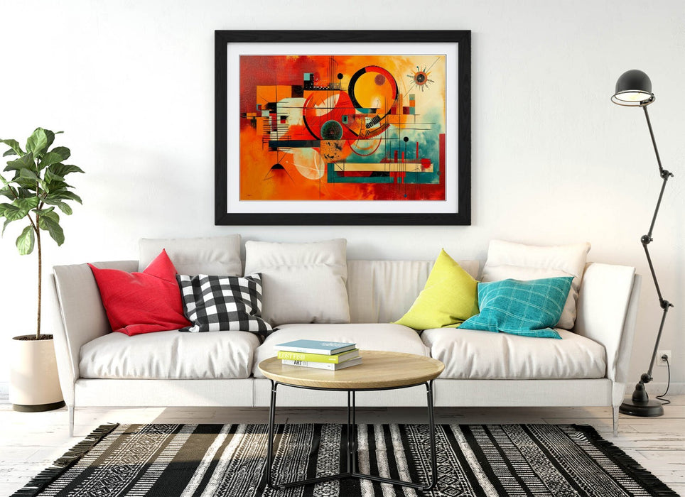 Framed Wall Art – Orange Blue Abstract Kandinsky Style Print | Matte Paper, Woodgrain Frame