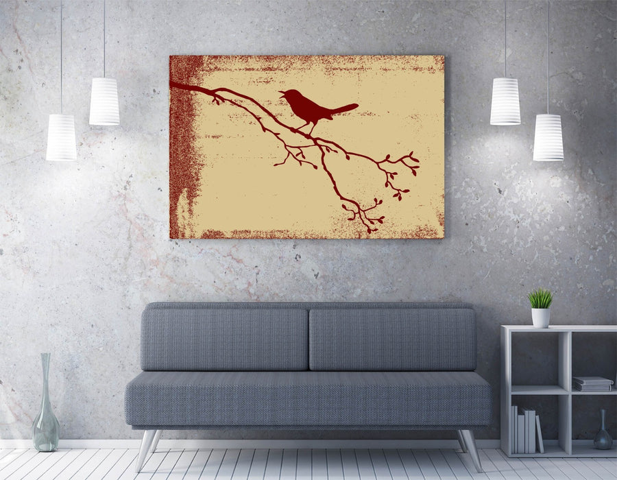 Canvas Wall Art - Red Bird Silhouette on Tree Branch | Handmade Home Decor Print
