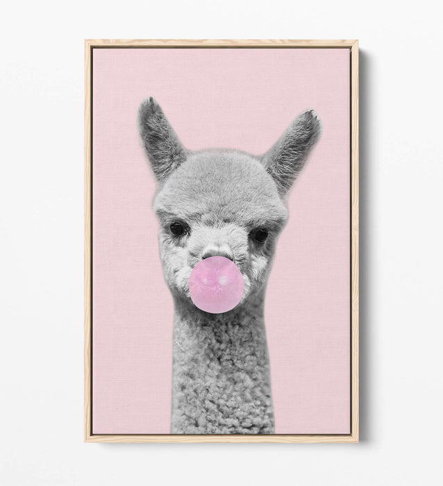 ALPACA BLACK WHITE BABY PINK BUBBLEGUM FLOAT EFFECT CANVAS WALL ART PIC PRINT