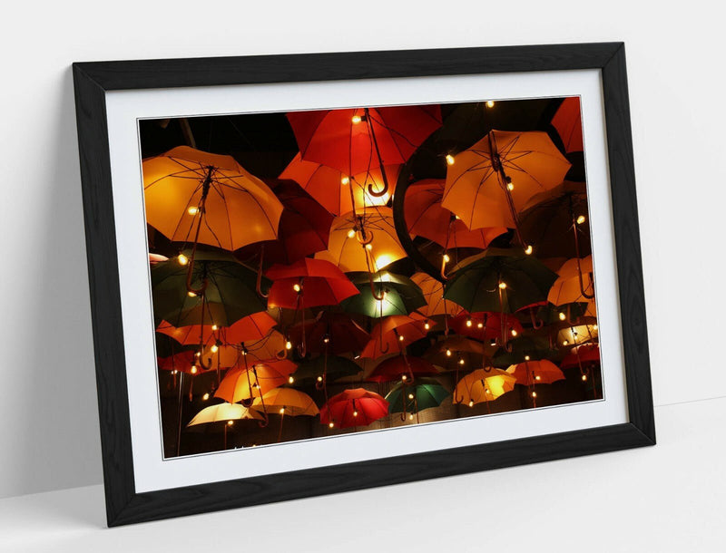 Framed Wall Art - Umbrella Sky Lights Night Time Photography Print With Woodgrain Frame