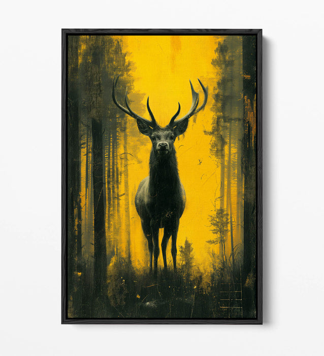 Stag Canvas Art – Black Yellow Silhouette on Float Effect Frame | Wildlife Wall Art