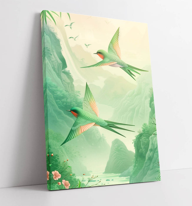 Pink Green Swallows Canvas - Handmade Flying Bird Wall Art with Premium Varnish Finish