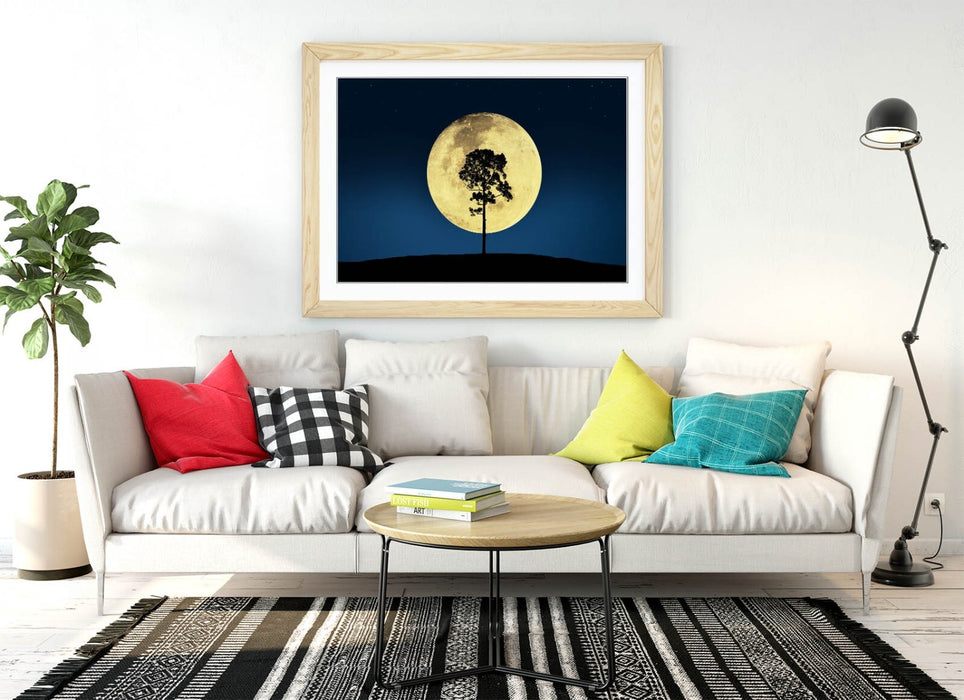 Framed Wall Art Tree Silhouette Poster – Big Moon Night Sky Blue Decor Print
