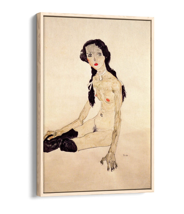 Canvas Wall Art Print - Egon Schiele Sitting Girl With Ponytail | Float Effect Canvas