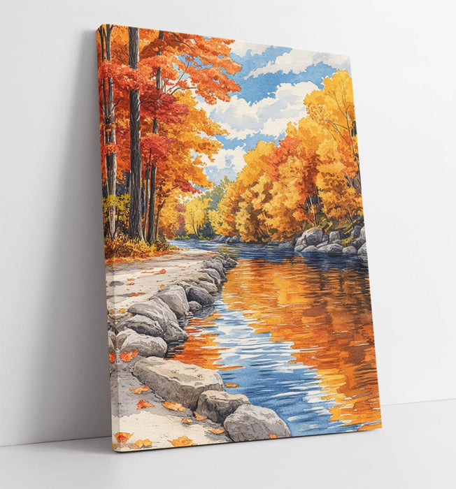Autumn Canvas Wall Art – Vibrant Orange Forest River Artwork Print | Handmade UK