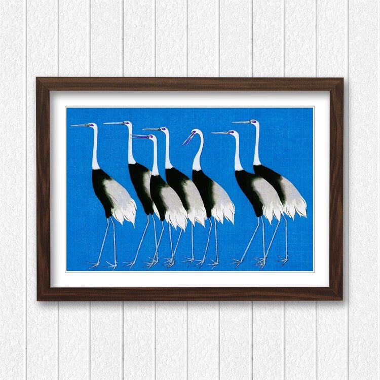 Framed Wall Art Print – Japanese Crane Poster With Woodgrain Frame Design