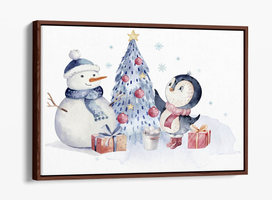 Christmas Canvas Wall Art – Watercolour Penguin & Snowman Float Effect Print