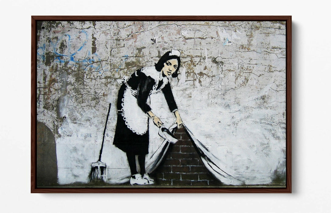 BANKSY SWEEPER -FLOAT EFFECT CANVAS WALL ART PIC PRINT- BLACK WHITE
