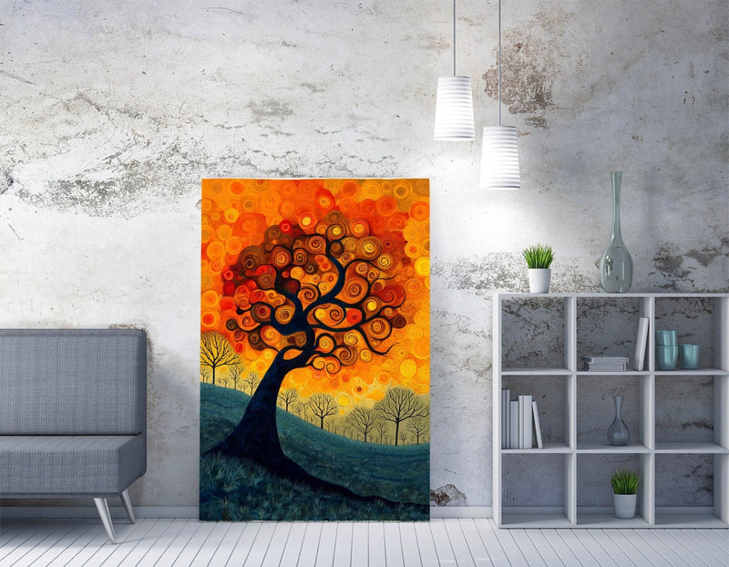 Canvas Wall Art - Orange Swirl Tree Leaves Abstract Print on Premium MDF Frame