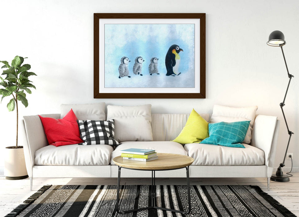 Baby Penguin Wall Art - Framed Art Print With Woodgrain Frame | Cute Animal Artwork