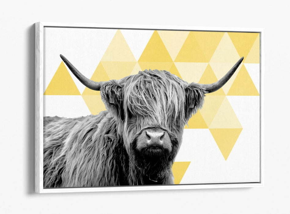 HIGHLAND COW YELLOW SPARSE GEOMETRIC -FLOAT EFFECT CANVAS WALL ART PIC PRINT