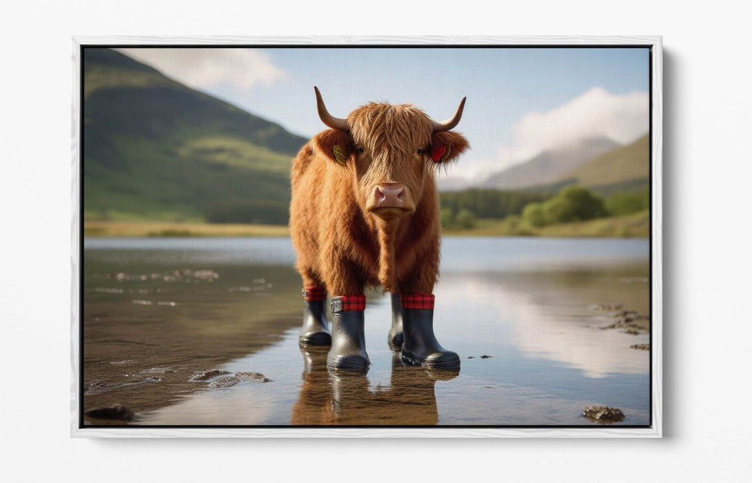 Canvas Wall Art - Funny Highland Cow Wearing Welly Boots | Float Effect Print