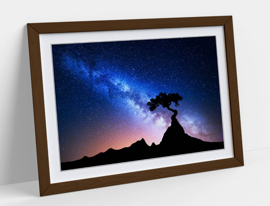 Framed Wall Art - Tree Silhouette Print With Blue Night Sky Starry Decor