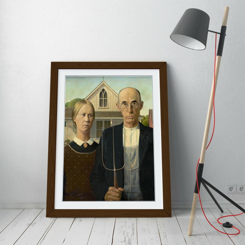 American Gothic Art Print – Handmade Framed Art Poster With Wood Grain Frame
