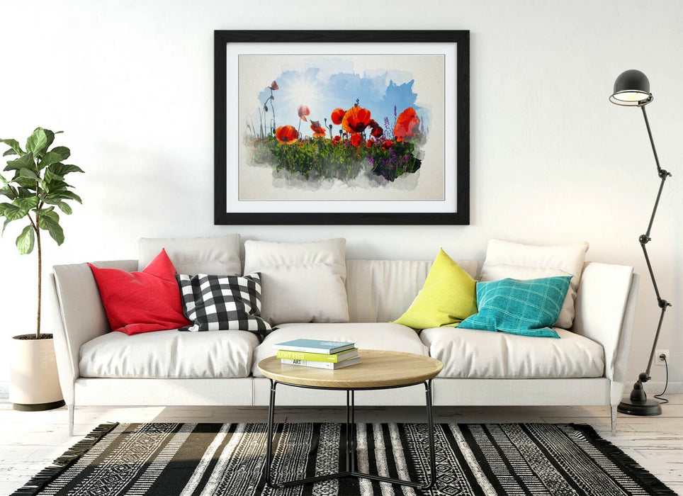 Framed Wall Art - Poppy Field Watercolour Painting With Natural Wood Frame