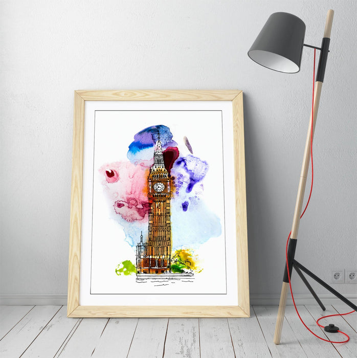 Big Ben Wall Art – London Framed Poster With Watercolour Wall Decor Print