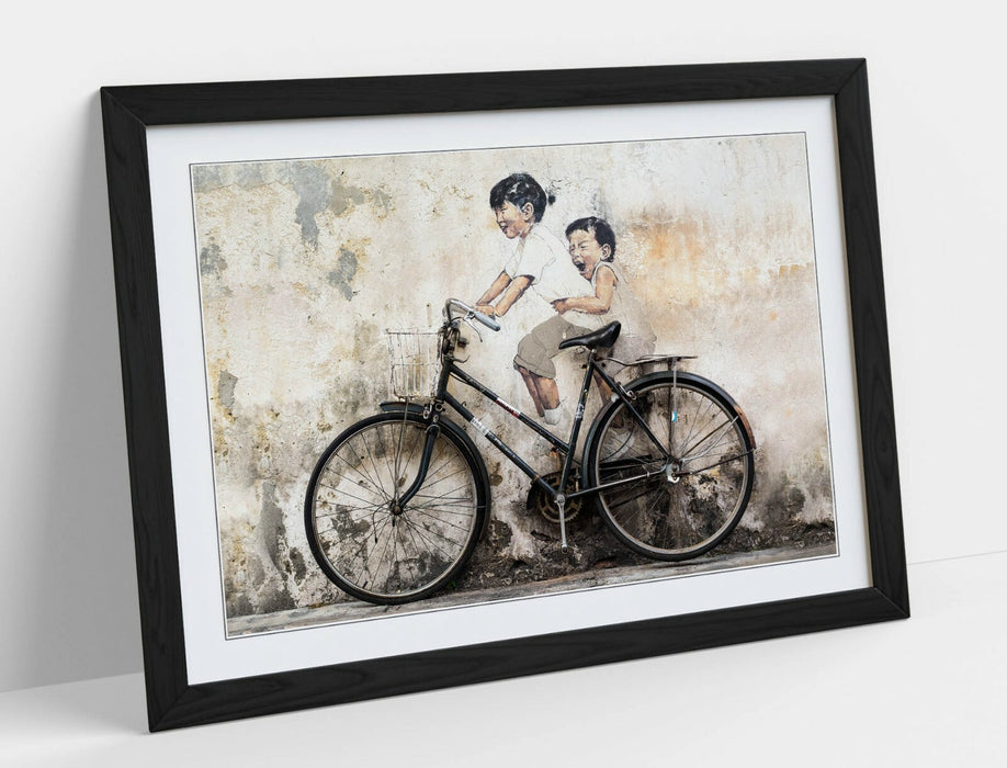KIDS ON BIKE -ART FRAMED POSTER PICTURE PRINT ARTWORK- BEIGE GREY BLACK