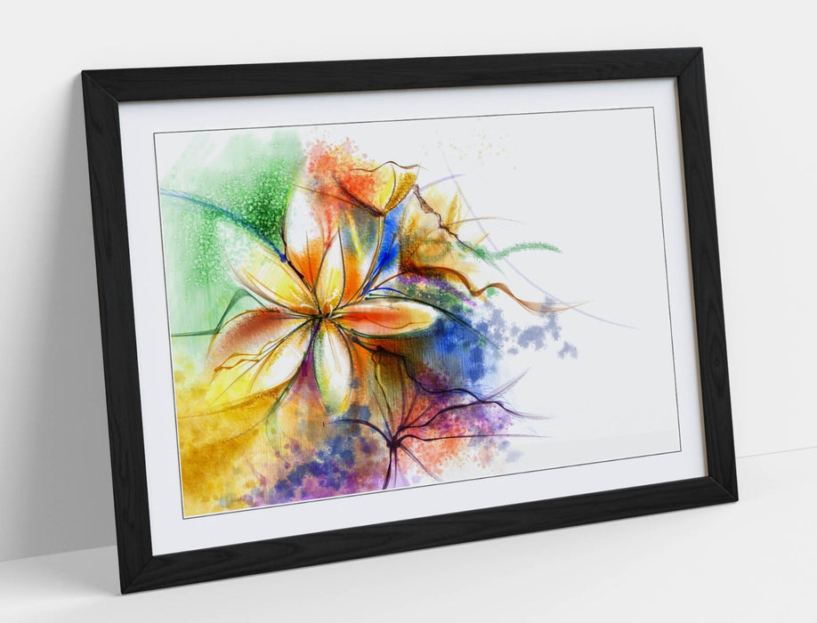 Framed Wall Art - Flower Multi Colour Splash Abstract Poster Print With Woodgrain Frame