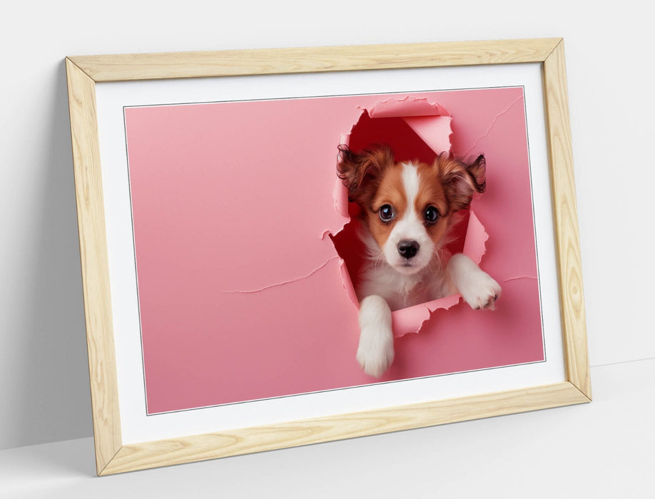 Puppy Wall Art – Framed Cute Puppy Poster With Pink Wall Decor, Ready To Hang