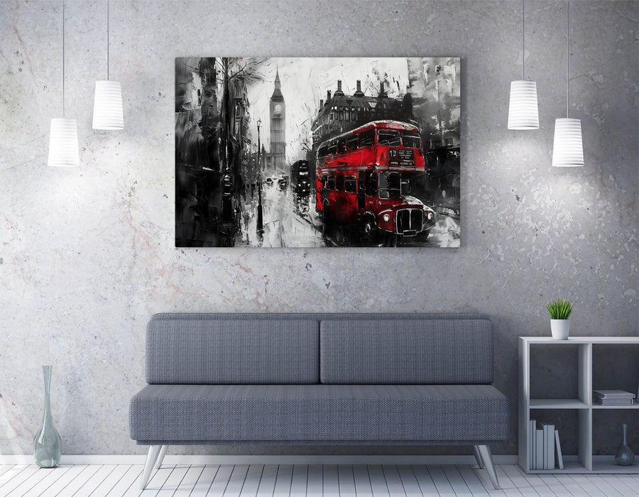 Cityscape Canvas Art - Black and White Urban City Wall Print with Red Bus