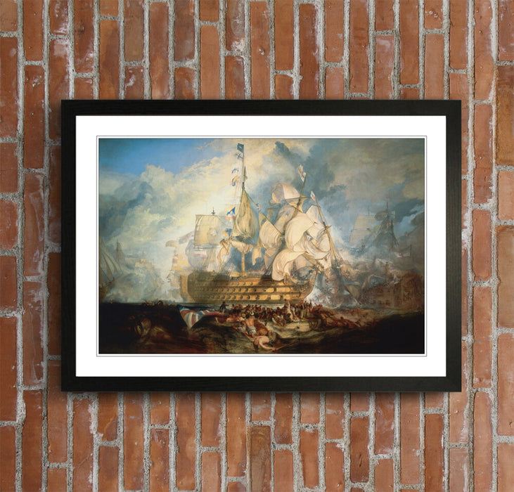 Turner Battle of Trafalgar Framed Art Print – Historic Naval Painting with Woodgrain Faux Frame