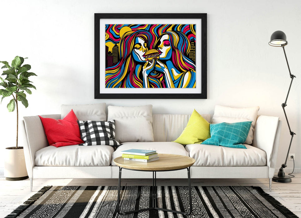 Framed Wall Art - Multi Colour Women Burger Artwork | Contemporary Poster Print 4 Sizes