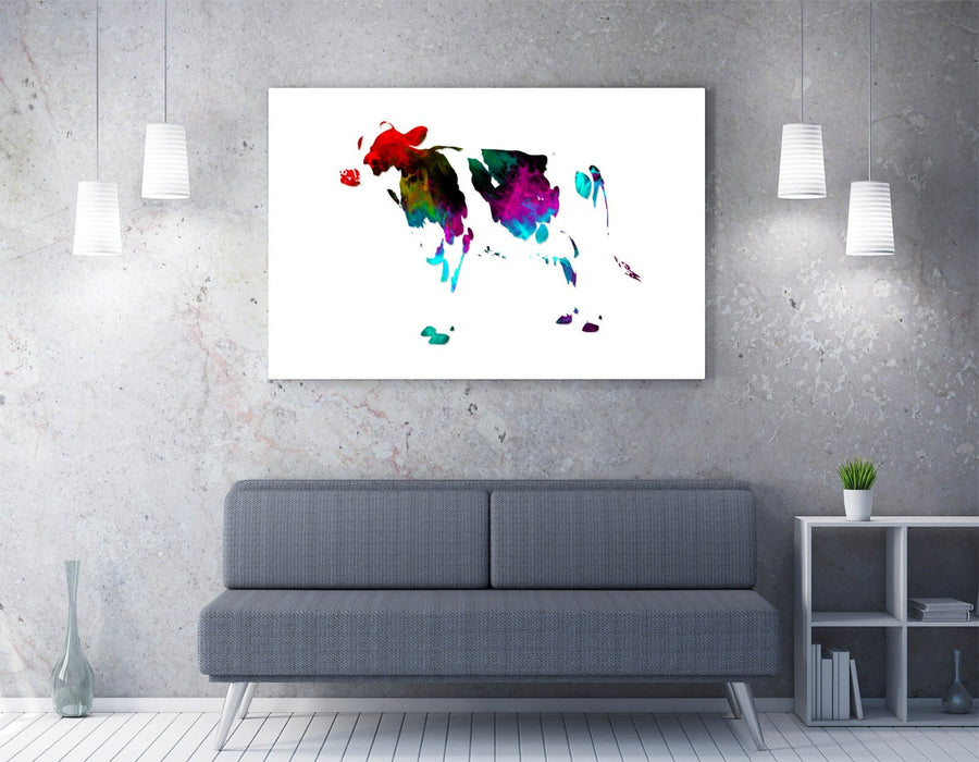 MULTI COLOUR POP ART COW WHITE BACKGROUND -CANVAS FRAMED WALL ART PIC PRINT