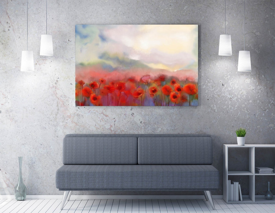 RED POPPY FLOWER FIELD BLURRED HOME DECOR CANVAS WALL ART PICTURE PRINT