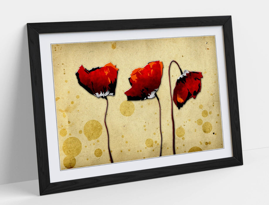 Abstract Flower Art - Red Poppies Print | Framed Wall Art with Woodgrain Frame