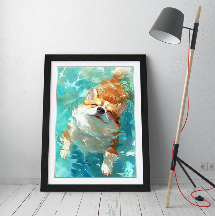 Corgi Wall Art - Framed Poster Print With Cute Smiling Dog Artwork, Ready To Hang