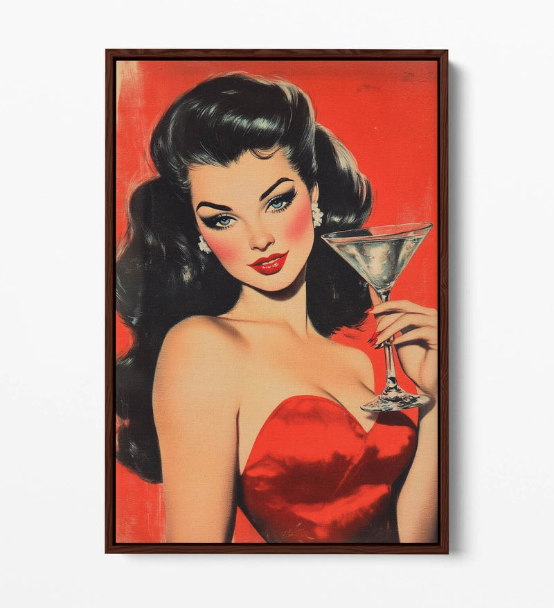 Canvas Wall Art – Glamorous Woman Red Martini Float Effect on Premium Frame