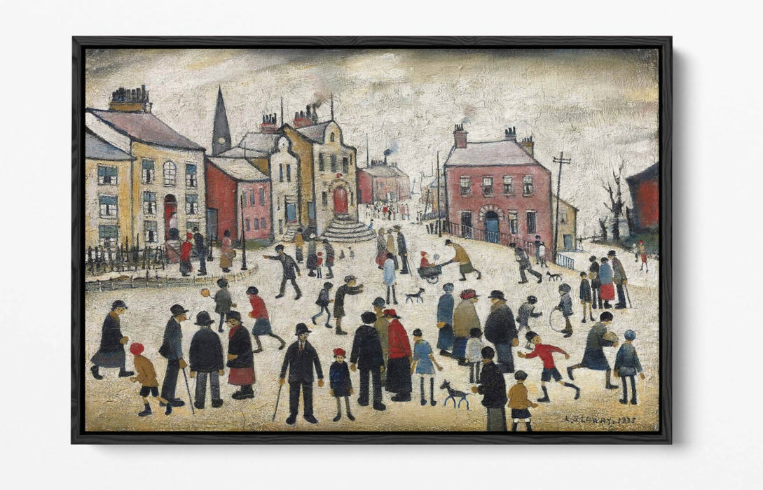LS LOWRY, PEOPLE STANDING ABOUT -FLOAT EFFECT CANVAS WALL ART PIC PRINT- BEIGE