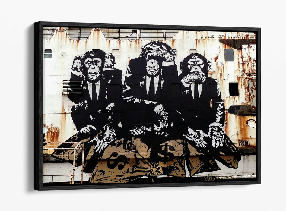 BANKSY 3 WISE MONKEYS -FLOAT EFFECT CANVAS WALL ART PIC PRINT- WHITE BEIGE