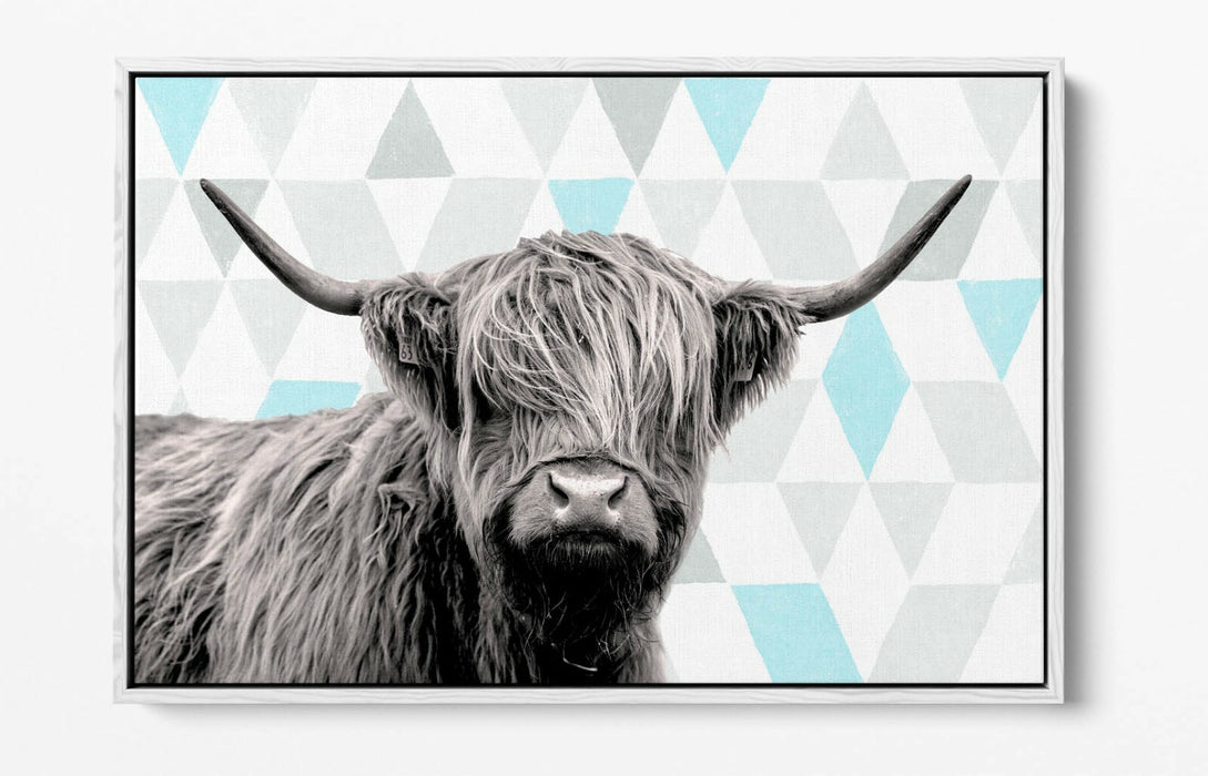 HIGHLAND COW TURQOISE GEOMETRIC LIGHT -FLOAT EFFECT CANVAS WALL ART PIC PRINT