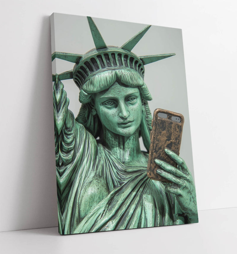 Funny Canvas Wall Art – Statue Of Liberty Holding Phone | Unique Handmade Print