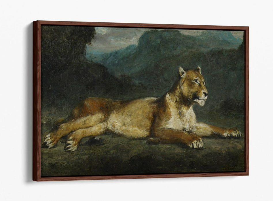 EUGENE DELACROIX, LIONESS RECLINING -FLOAT EFFECT CANVAS ART PRINT