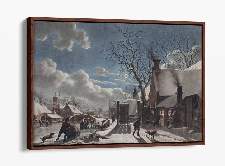 Canvas Wall Art - Winter Night Dutch Town Painting | Float Effect Canvas Print