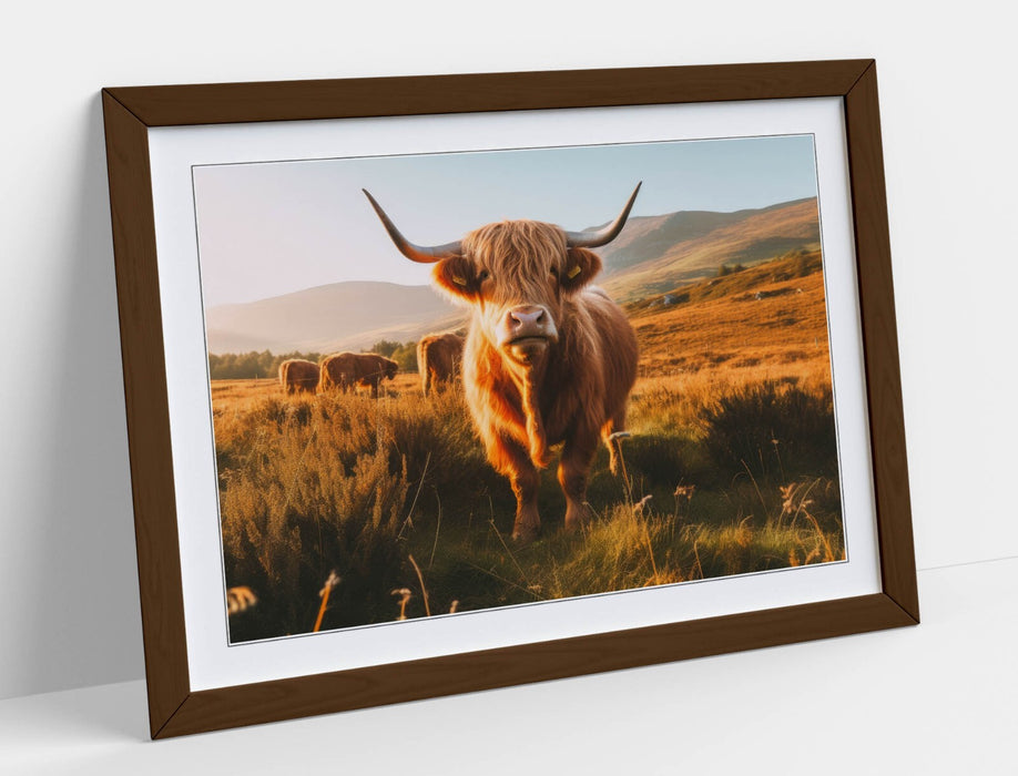 Highland Cows Wall Art – Framed Animal Landscape Print With Woodgrain Frame