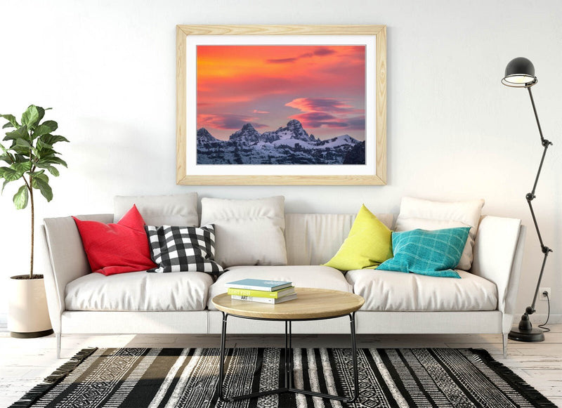 Framed Art Poster - Snowy Mountain Wall Art With Pink Orange Sky Print