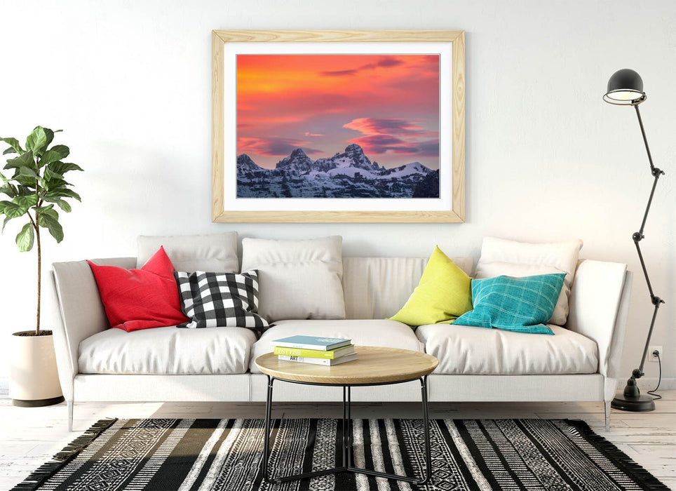 Framed Art Poster - Snowy Mountain Wall Art With Pink Orange Sky Print