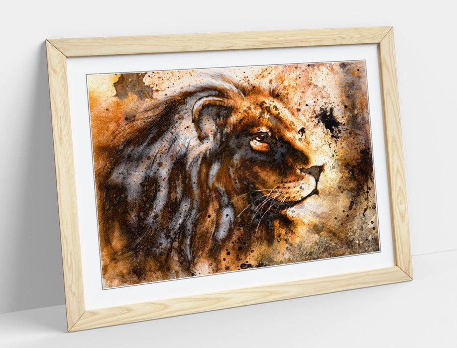 Rustic Lion Wall Art - Framed Animal Artwork With Wood Grain Frame, Ready To Hang