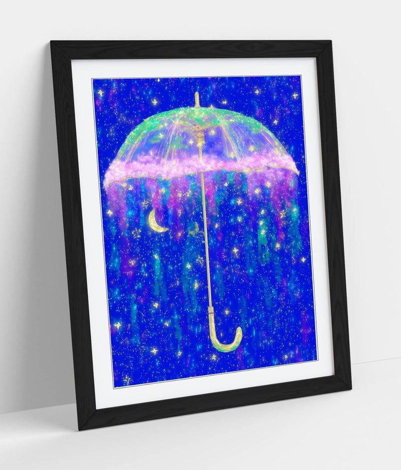 Framed Wall Art - Sparkly Umbrella Poster Print with Starry Sky in Natural Wood Frame