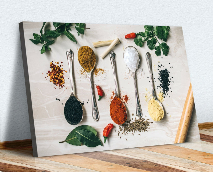 Kitchen Canvas Wall Art – Handmade Kitchen Decor with Herbs, Spices & Spoons Print