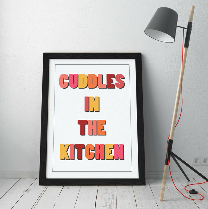 "CUDDLES IN THE KITCHEN" HAPPY FUN QUOTE -FRAMED WALL ART PICTURE PRINT- ORANGE