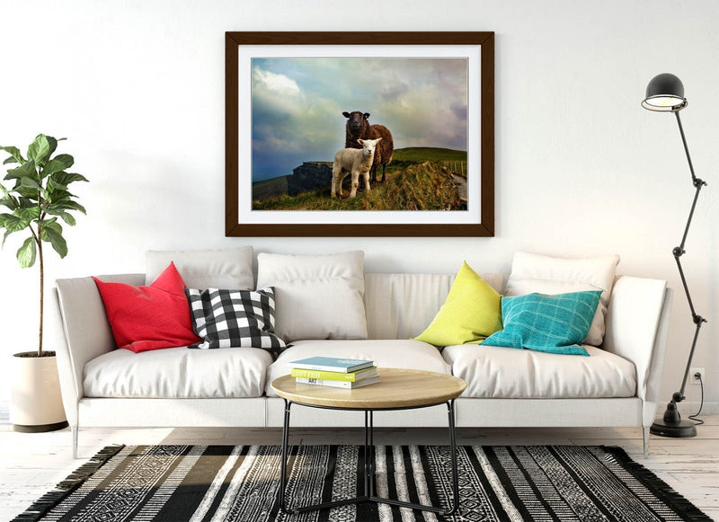 Irish Sheep Wall Art – Framed Mountain Landscape Print With Woodgrain Frame