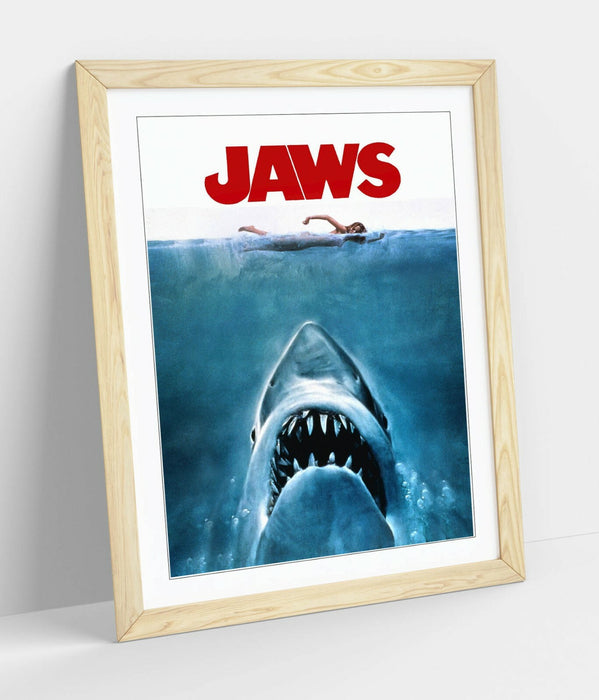 Vintage Jaws Poster - Framed Movie Poster With Woodgrain Frame Art & Matte Paper Print